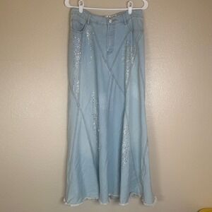 Vintage Light Wash Sequin Denim Maxi Skirt Paneled Frayed Hem Y2K Boho Women's